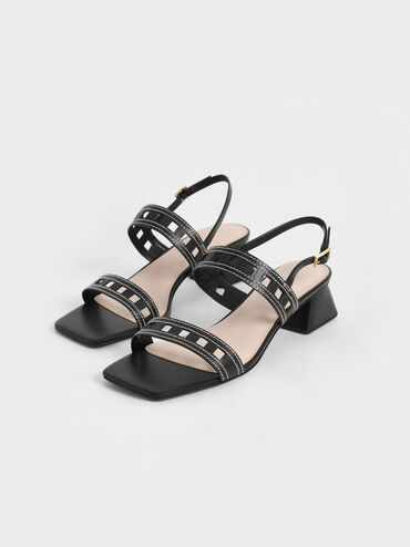 Cut-Out Heeled Slingback Sandals, Black, hi-res