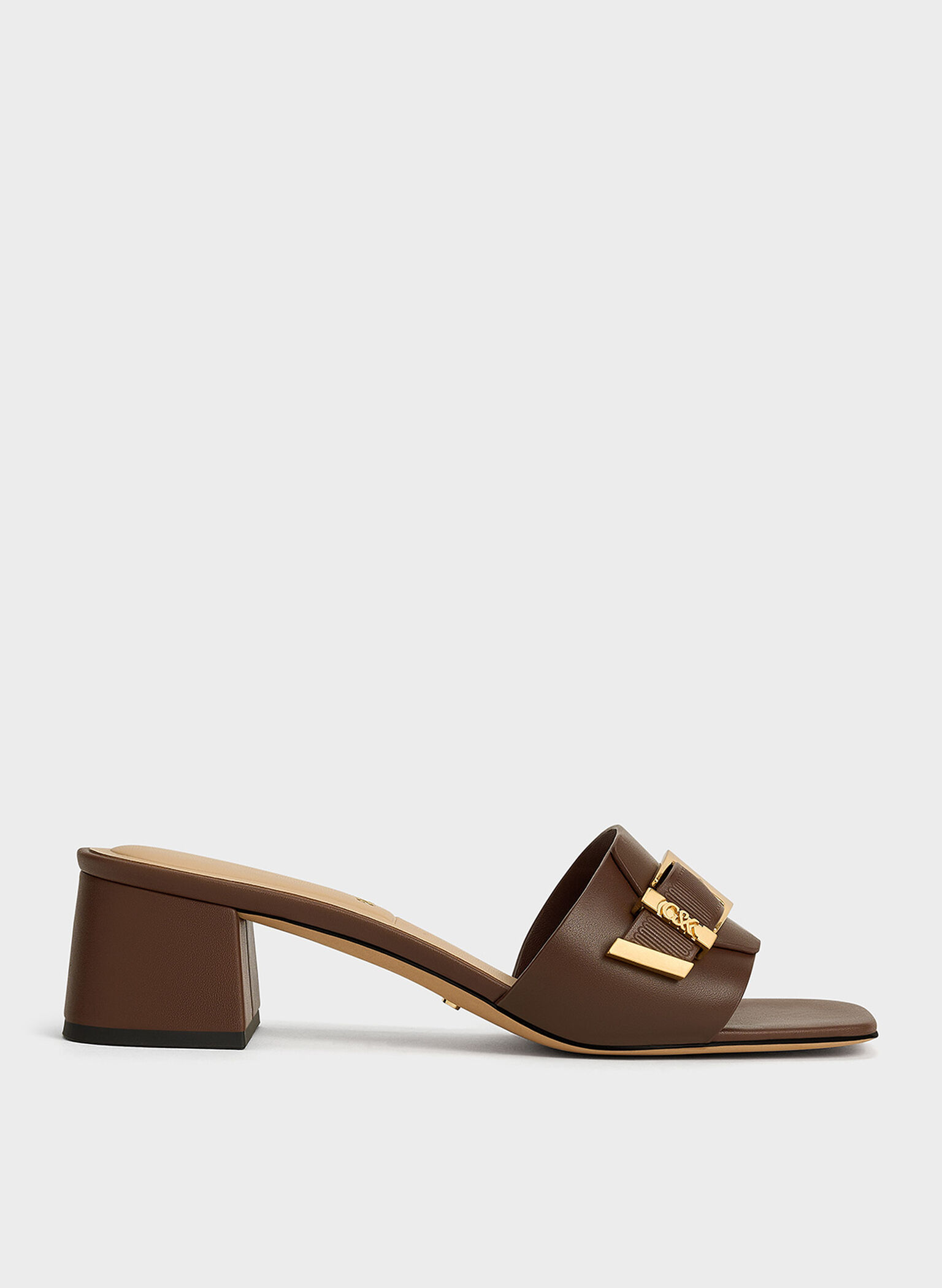 Leather Buckled Block-Heel Mules, Dark Brown, hi-res