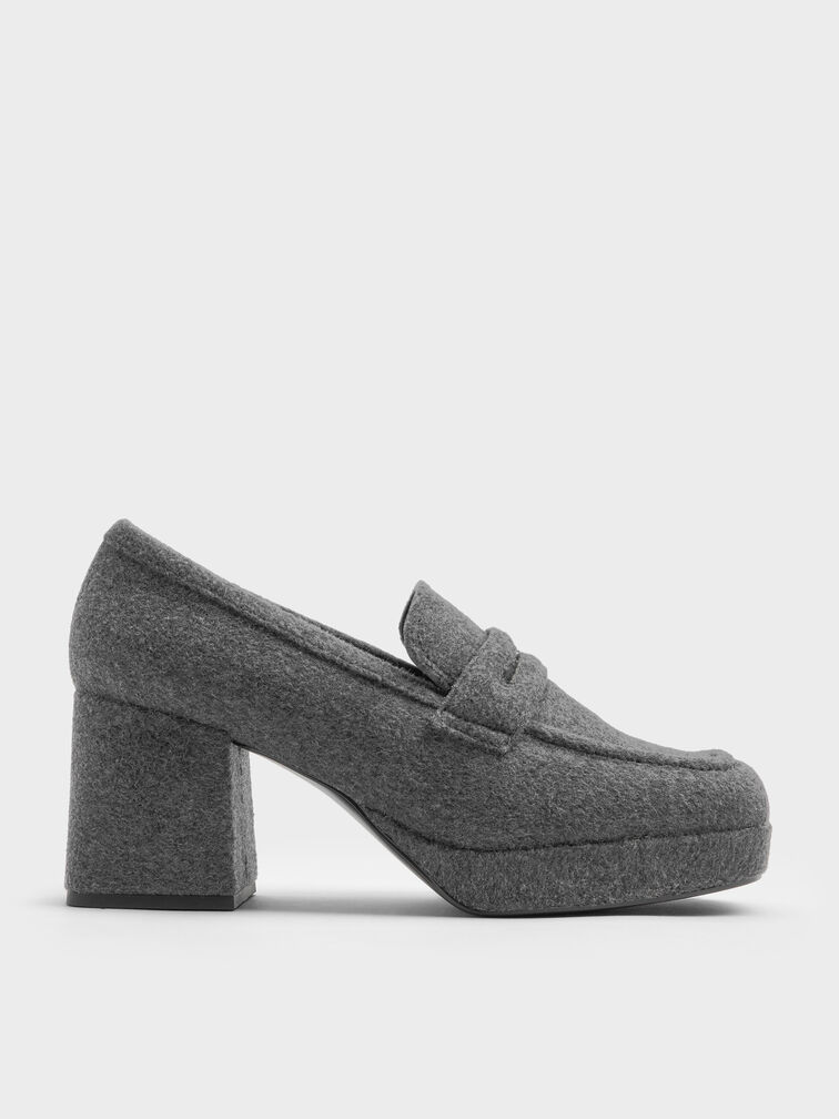 Felt Platform Block-Heel Loafer Pumps, Grey Felt Platform Block-Heel Loafer Pumps, Grey, hi-res
