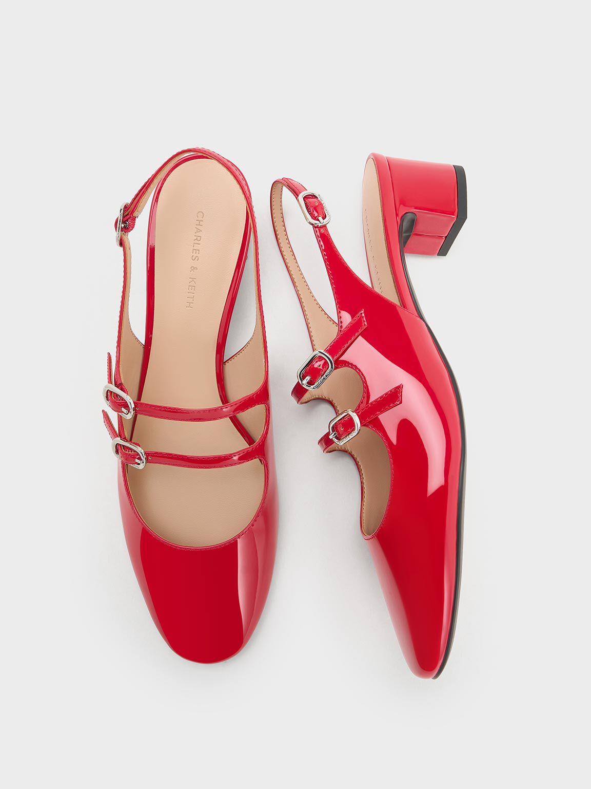 Red store strap shoes