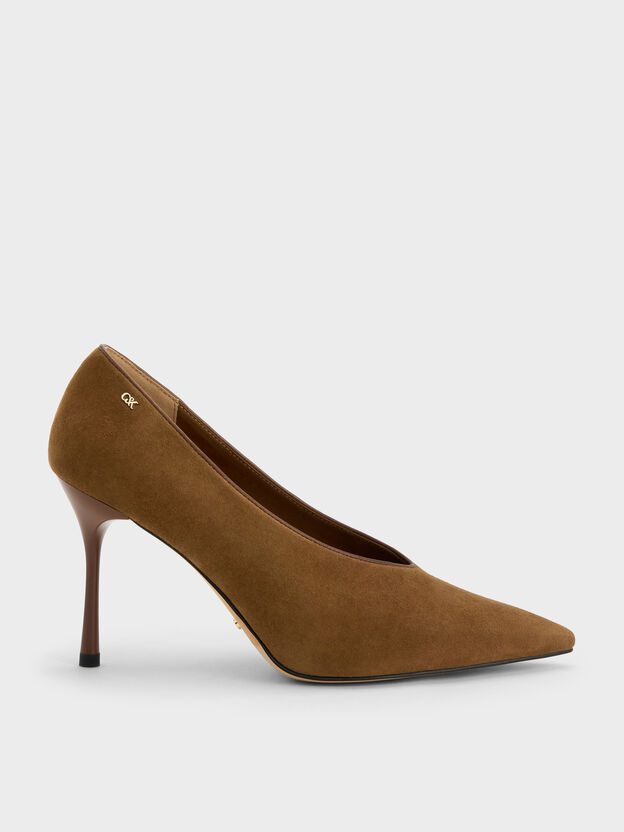 Leather & Suede Pointed Pumps, Brown, hi-res