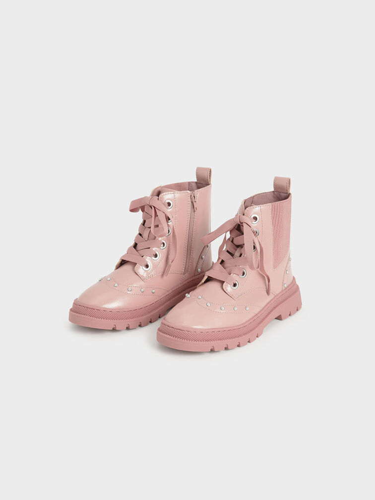 Girls' Patent Studded Lace-Up Ankle Boots, Pink, hi-res