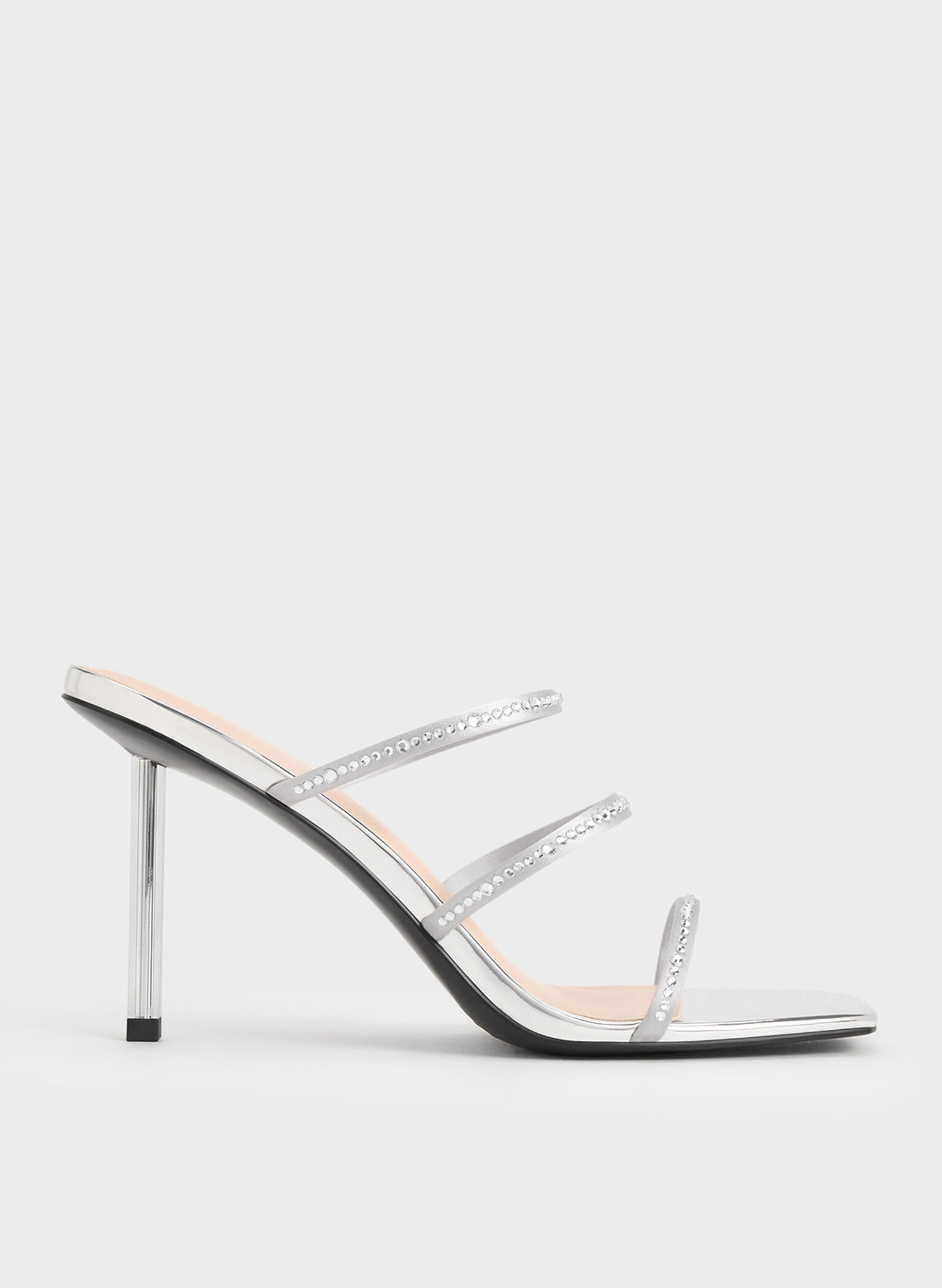 Recycled Polyester Crystal-Embellished Strappy Mules, Silver, hi-res