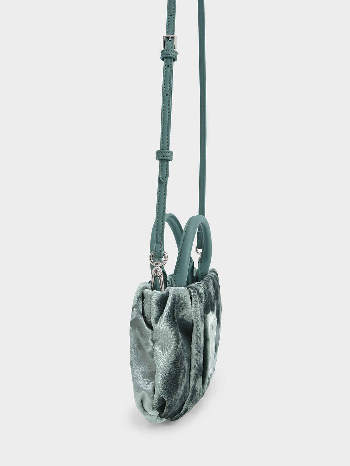 Claudette Ruched Velvet Top Handle Bag, Sage Green, hi-res