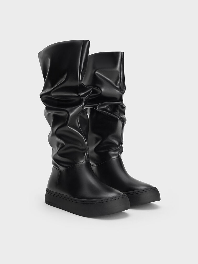 Ruched Slouchy Knee-High Boots, Black, hi-res