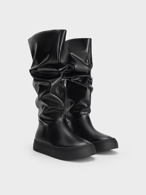 Ruched Slouchy Knee-High Boots, Black, hi-res