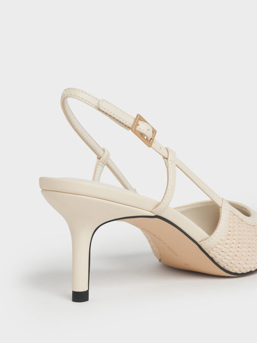 Raffia Pointed-Toe Slingback Pumps, Chalk, hi-res