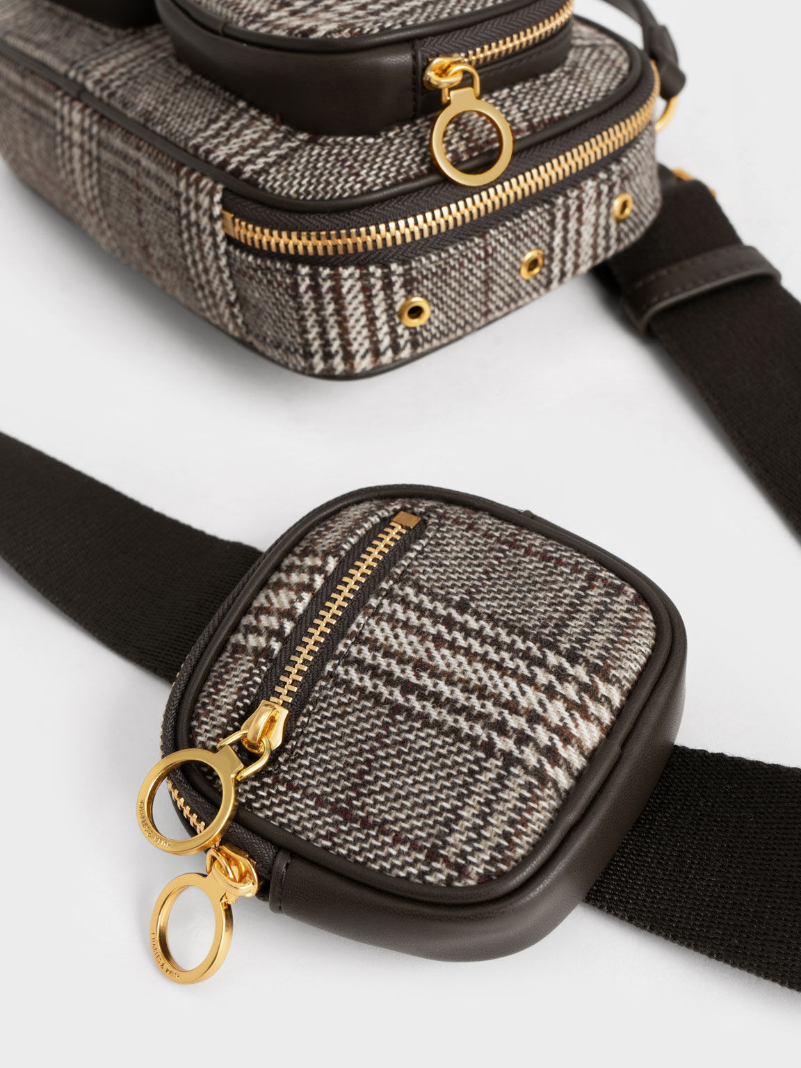 Checkered Multi-Pouch Crossbody Bag, Dark Brown, hi-res