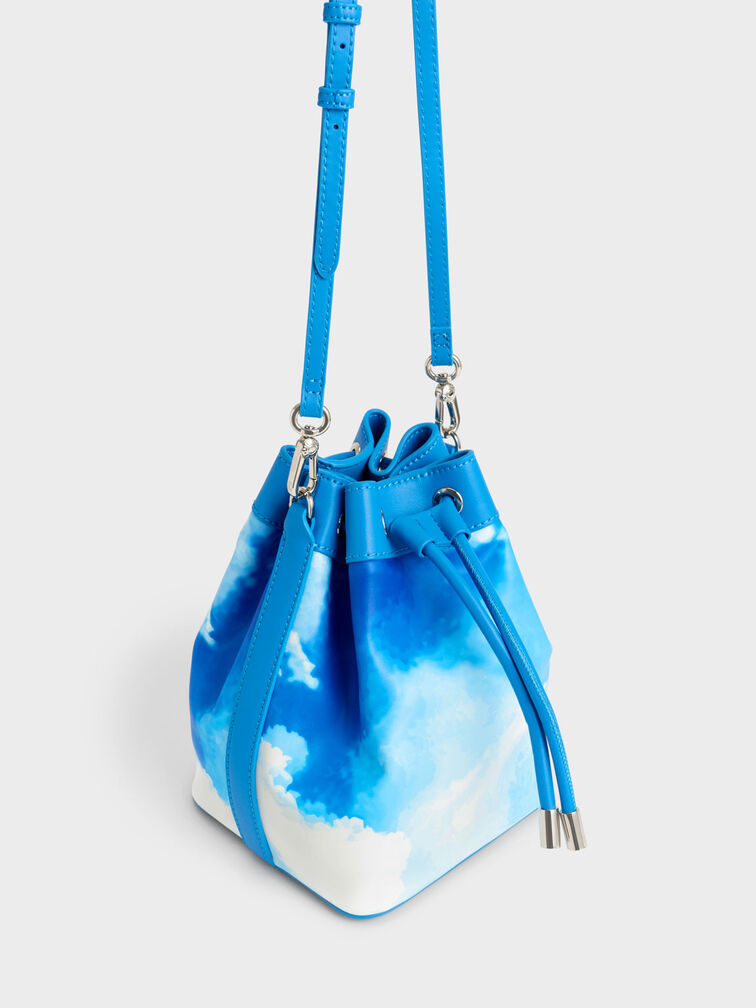 Cloud-Print Braided-Handle Drawstring Bucket Bag, Multi, hi-res