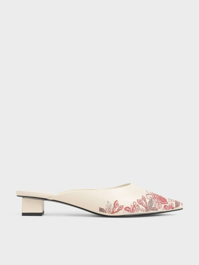 Embroidered Floral Mules, Cream, hi-res