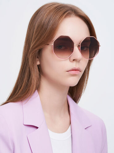 Hexagonal Wire-Frame Sunglasses, Pink, hi-res