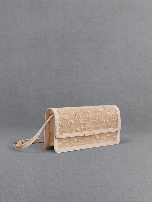 Bolso de malla y cuero con monograma, Beige, hi-res