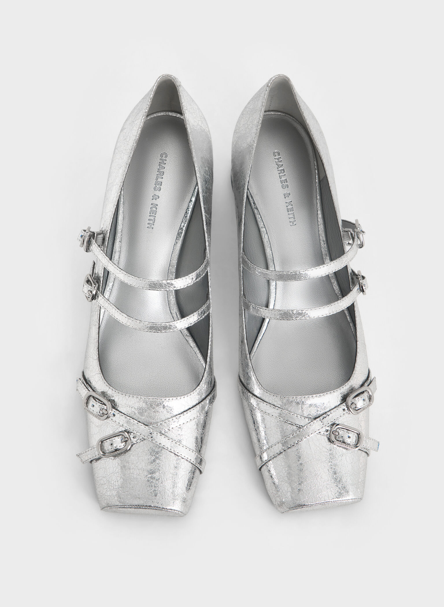 Metallic Crinkle-Effect Double-Strap Mary Jane Pumps, Silver, hi-res