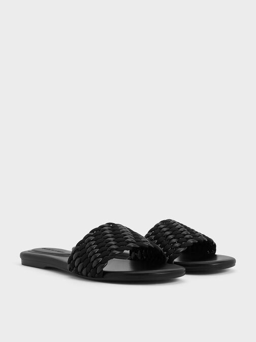 Woven Open-Toe Slides, Black, hi-res