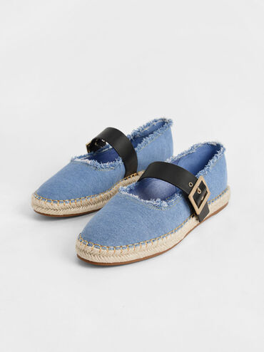 Buckled Denim Espadrille Flats, Blue, hi-res