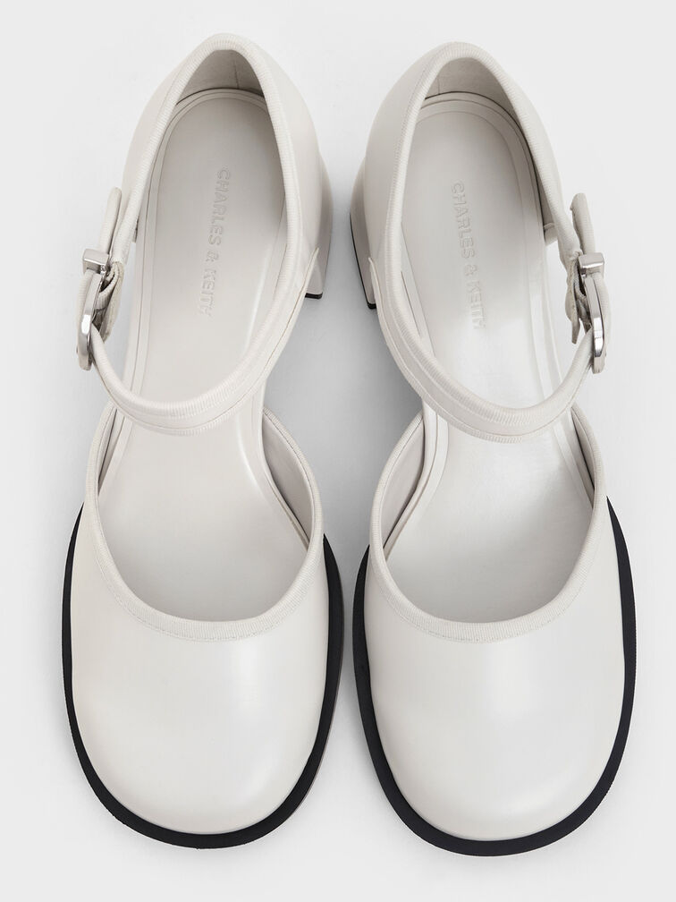 Block-Heel Ankle-Strap D'Orsay Pumps, White, hi-res