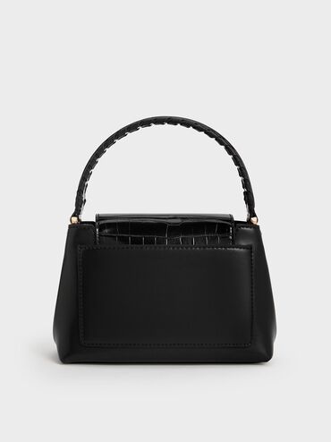 Arwen Croc-Effect Braided-Strap Top Handle Bag, Black, hi-res