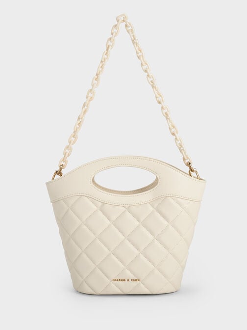 Quilted Chain-Link Curved-Handle Bucket Bag, Cream, hi-res