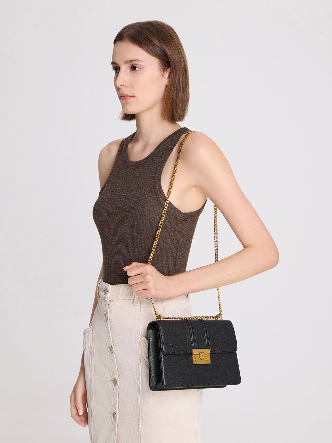 Metallic Push-Lock Shoulder Bag, Black, hi-res