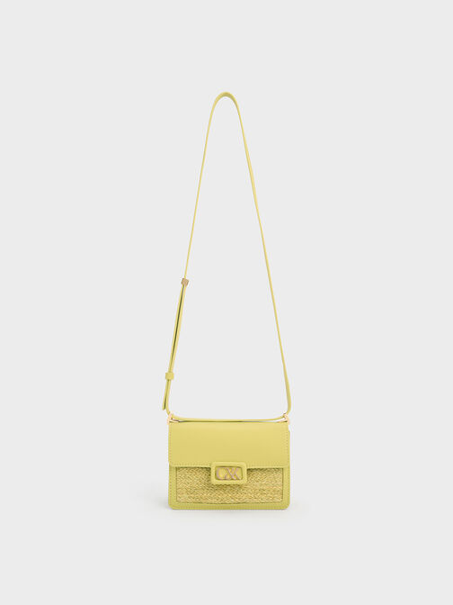 Leather & Raffia Boxy Bag, Lime, hi-res
