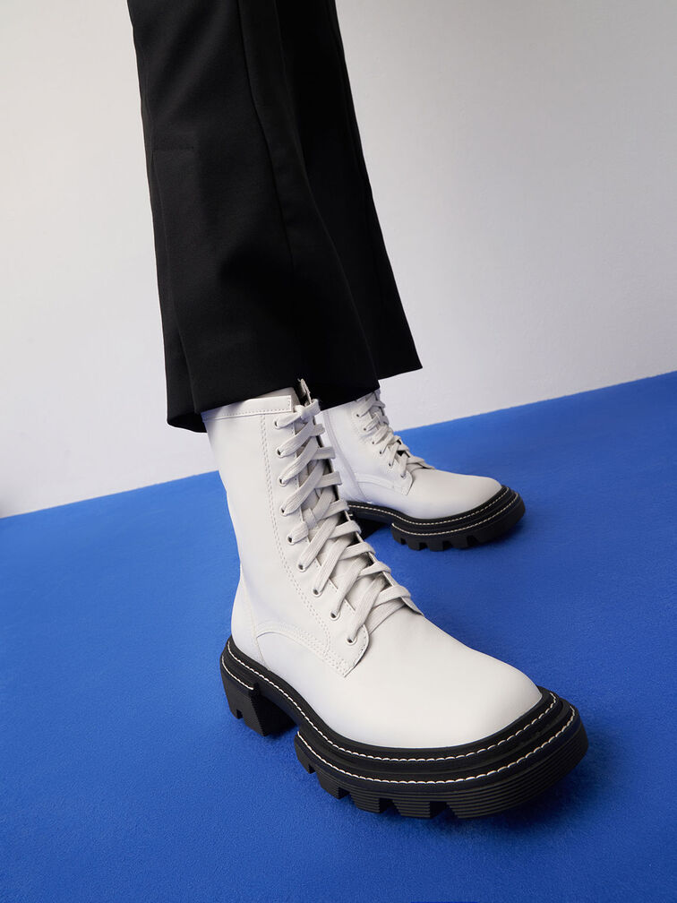 Lace-Up Chunky Ankle Boots, White, hi-res