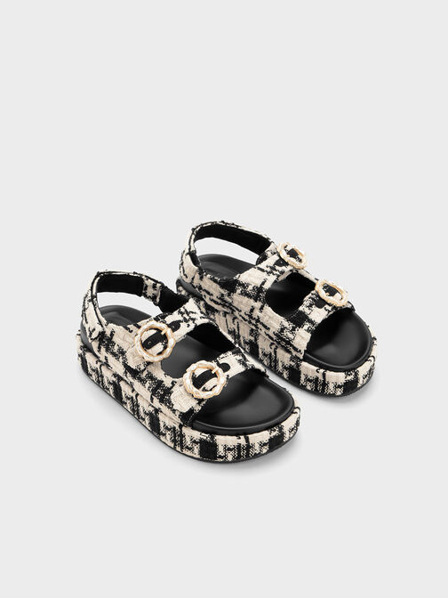 Tweed Pearl-Buckle Double Strap Sandals, Black Textured, hi-res