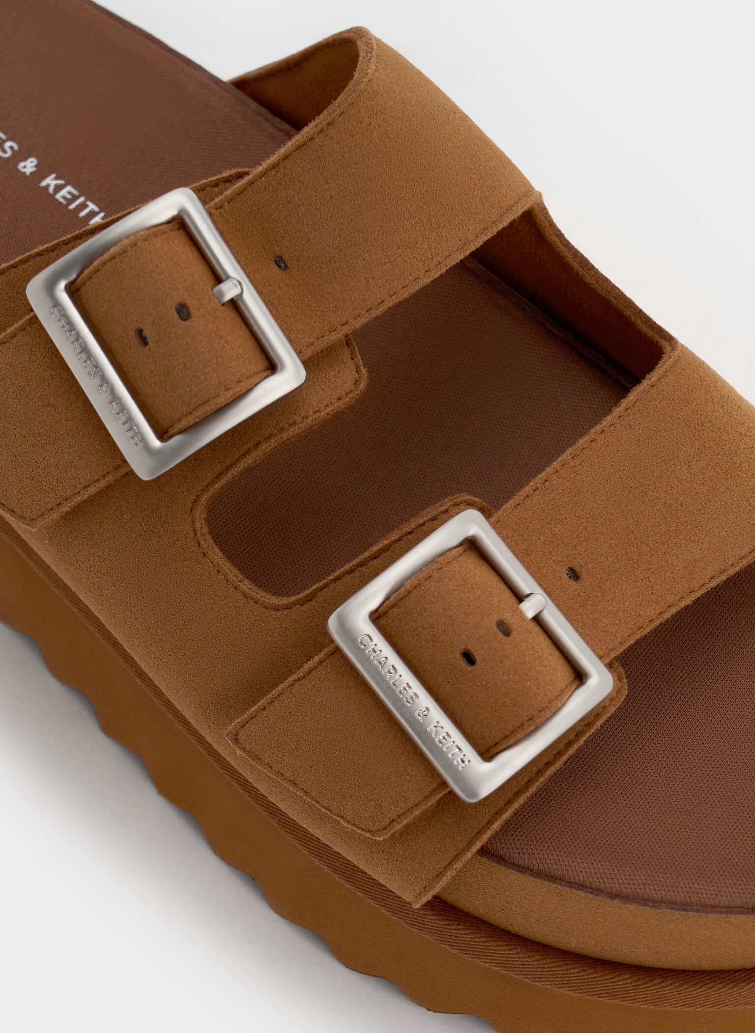 Buckled Double-Strap Flatform Sandals, Brown, hi-res