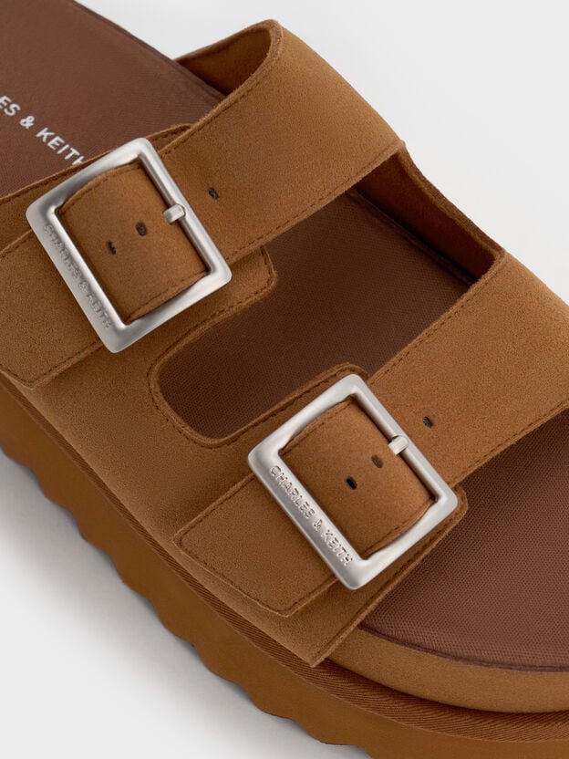 Buckled Double-Strap Flatform Sandals, Brown, hi-res
