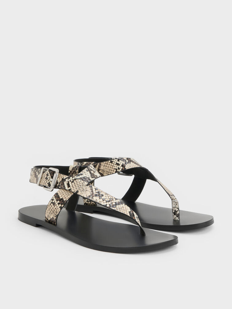 Snake-Print Asymmetric Slingback Thong Sandals, Animal Print Natural, hi-res