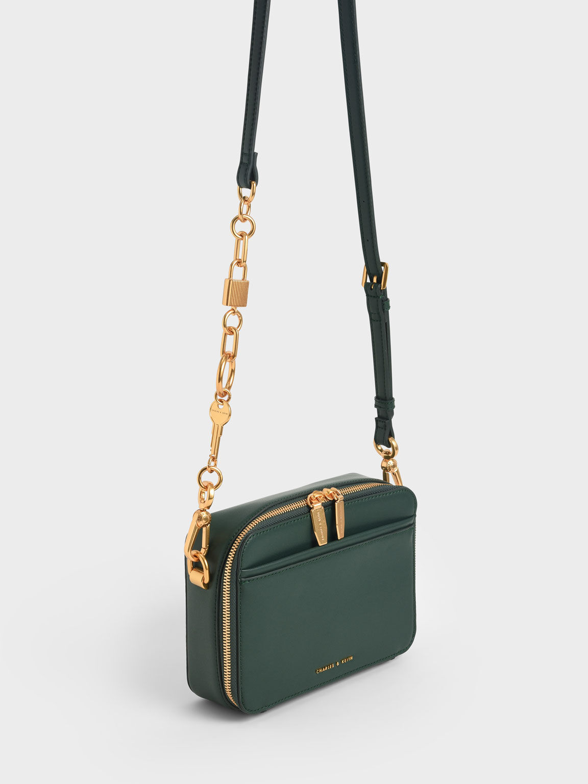 Chunky Chain Handle Two-Way Zip Crossbody Bag, Dark Green, hi-res