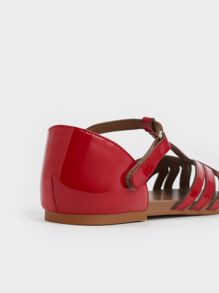 Girls' Patent Caged T-Bar Sandals, Red, hi-res