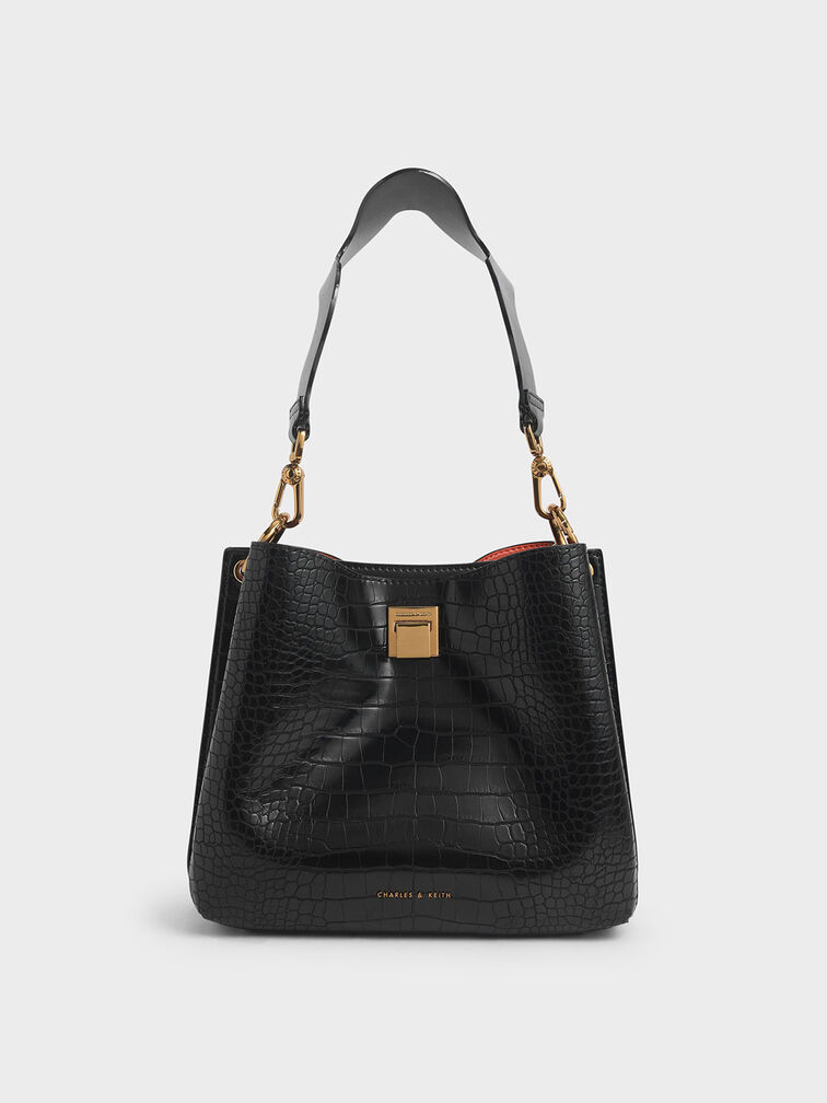 Croc-Effect Bucket Shoulder Bag, Black, hi-res
