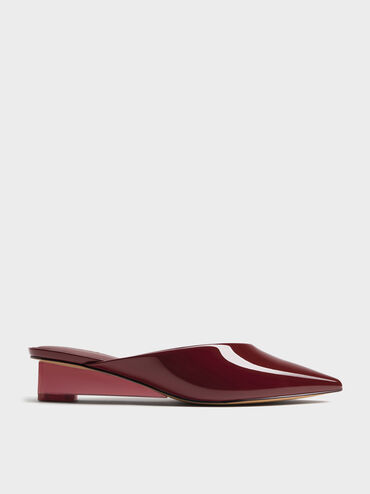 Patent Translucent-Heel Wedge Mules, Burgundy, hi-res