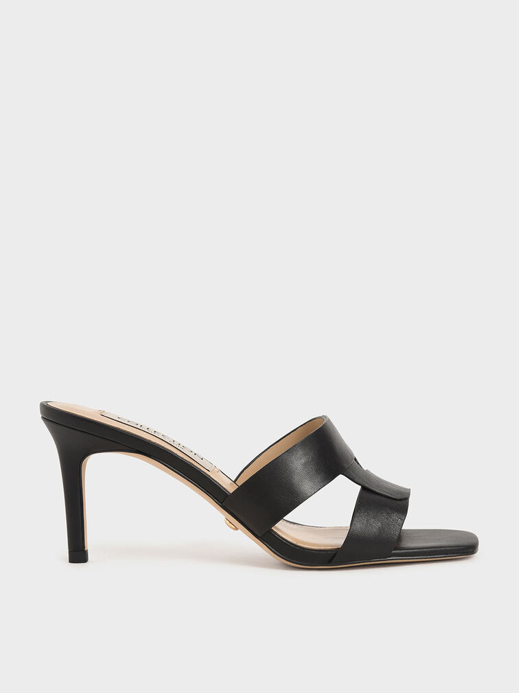 Leather Cut-Out Stiletto Mules, Black, hi-res