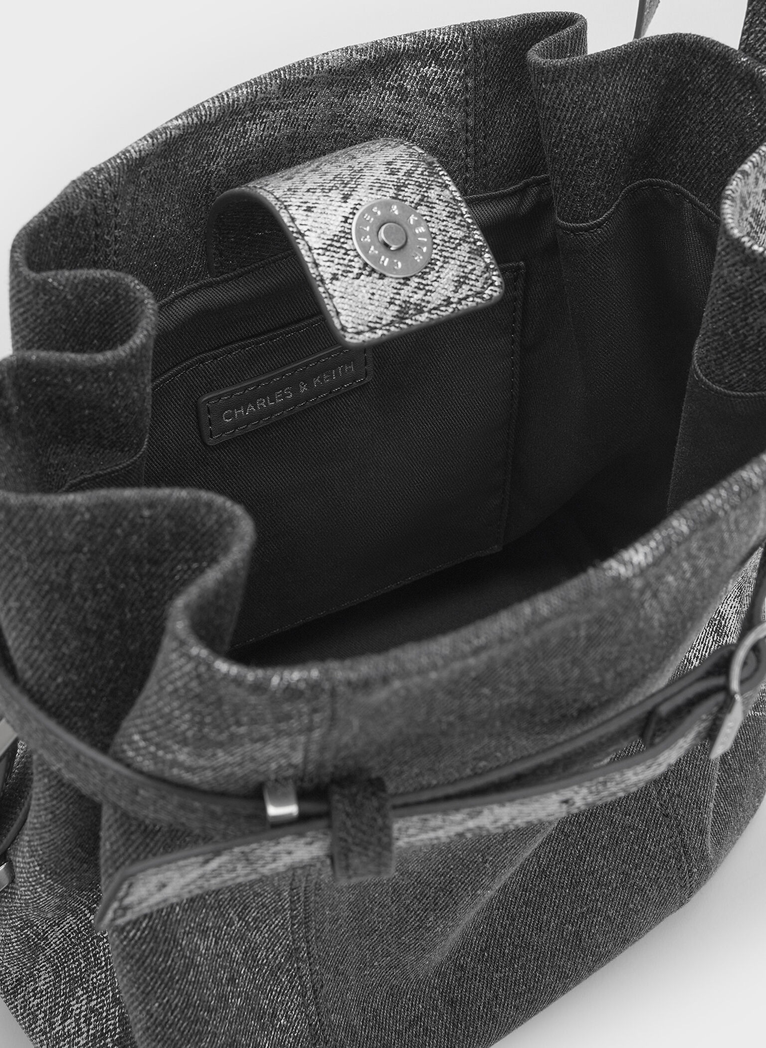 Bryna Brushed Denim Belted Bucket Bag, Silver Brushed Denim, hi-res