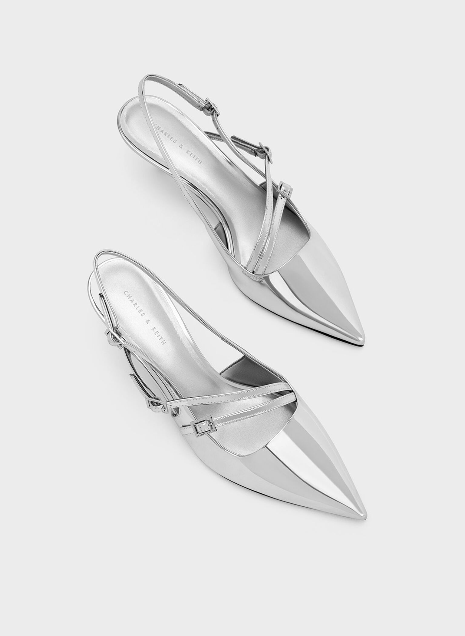 Silver Metallic Buckle-Strap Kitten Heel Slingback Pumps - CHARLES ...