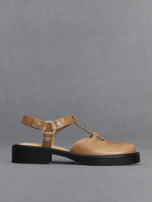 Leather Cut-Out T-Bar Mary Jane Flats, Taupe, hi-res