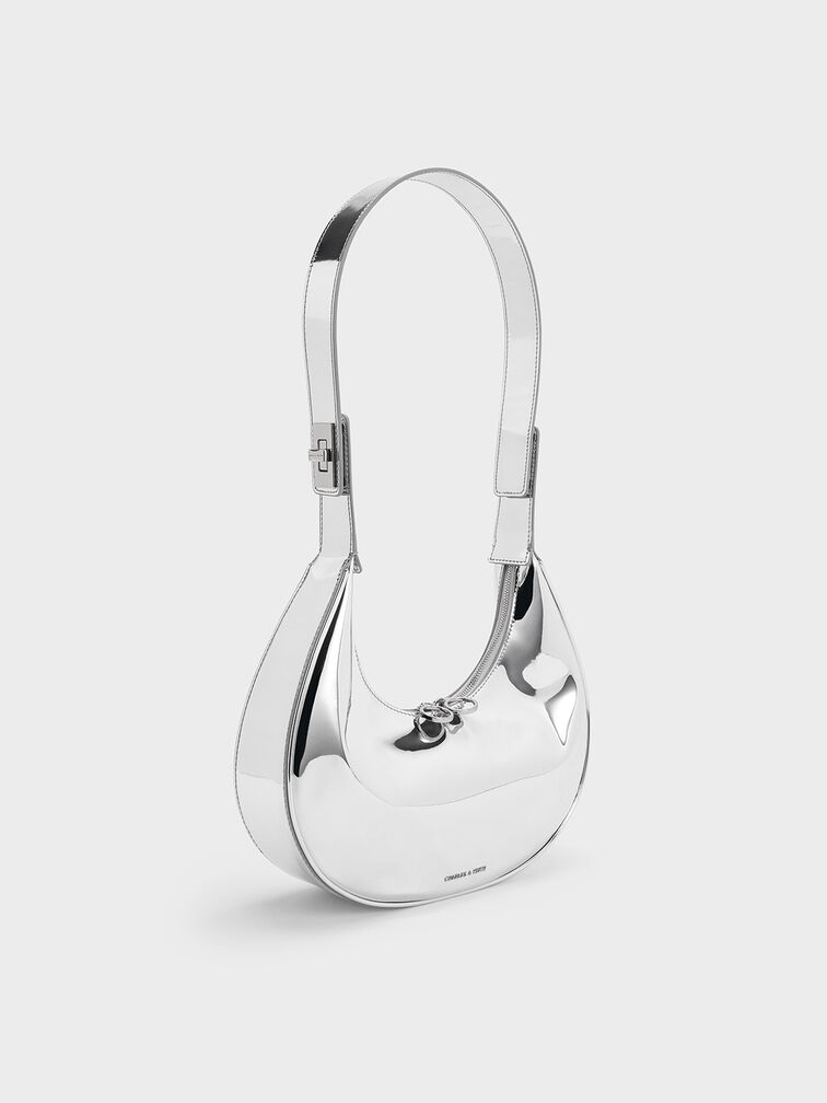 Metallic Crescent Hobo Bag, Silver, hi-res