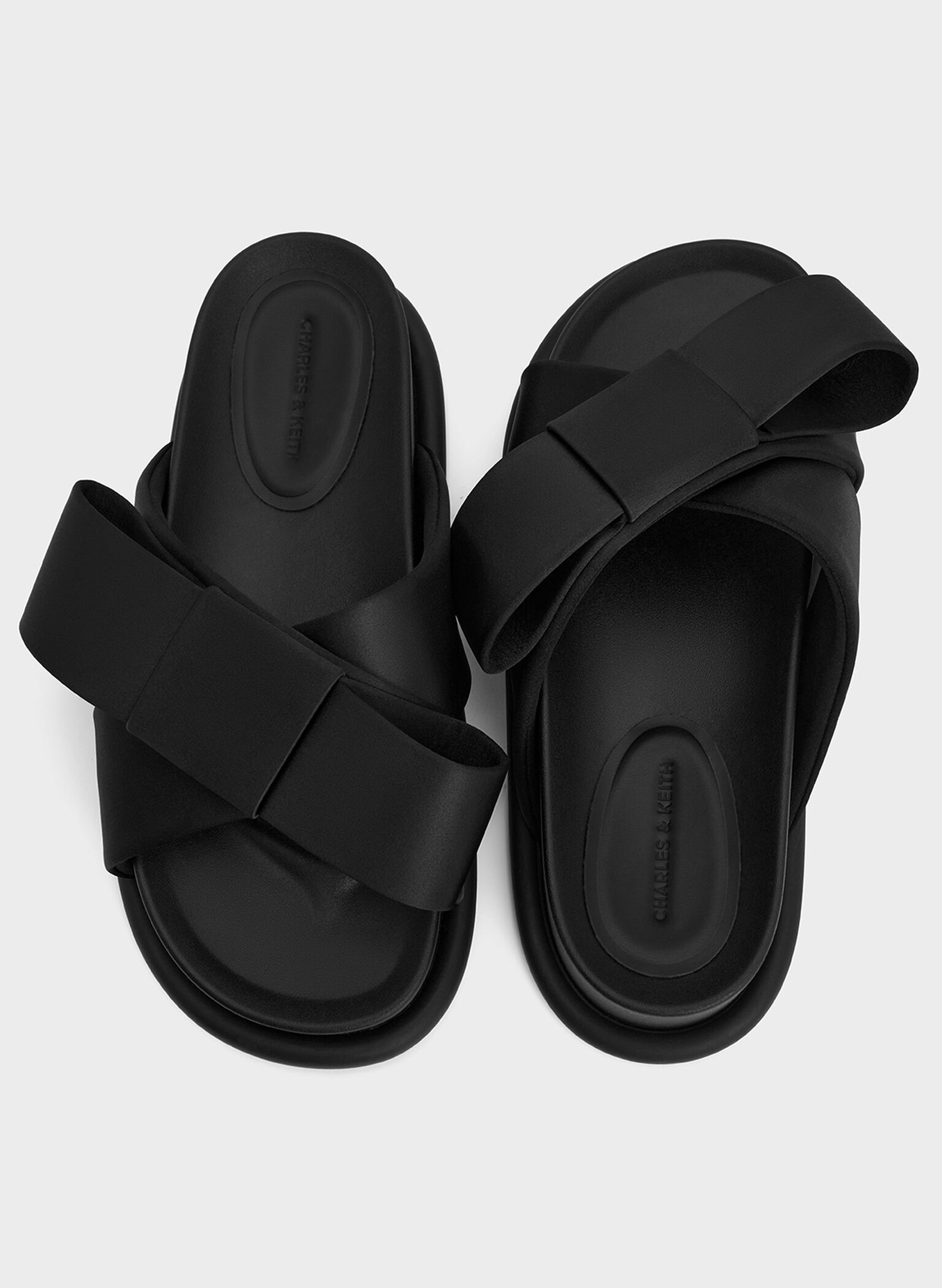 Satin Bow Flatform Sandals, Black Textured, hi-res