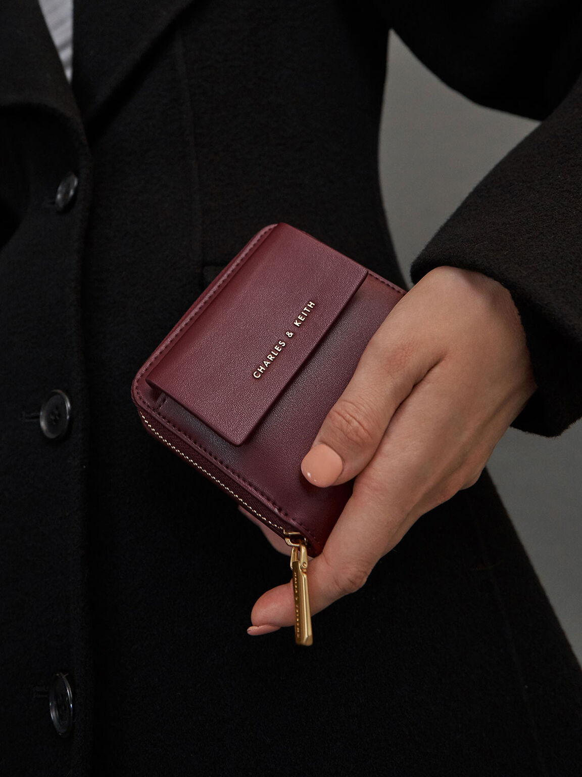Front Flap Zip-Around Mini Wallet, Burgundy, hi-res