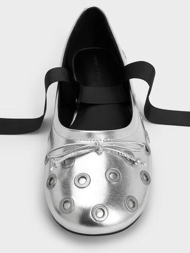 Margot Metallic Grommet Tie-Around Ballet Flats, Silver, hi-res