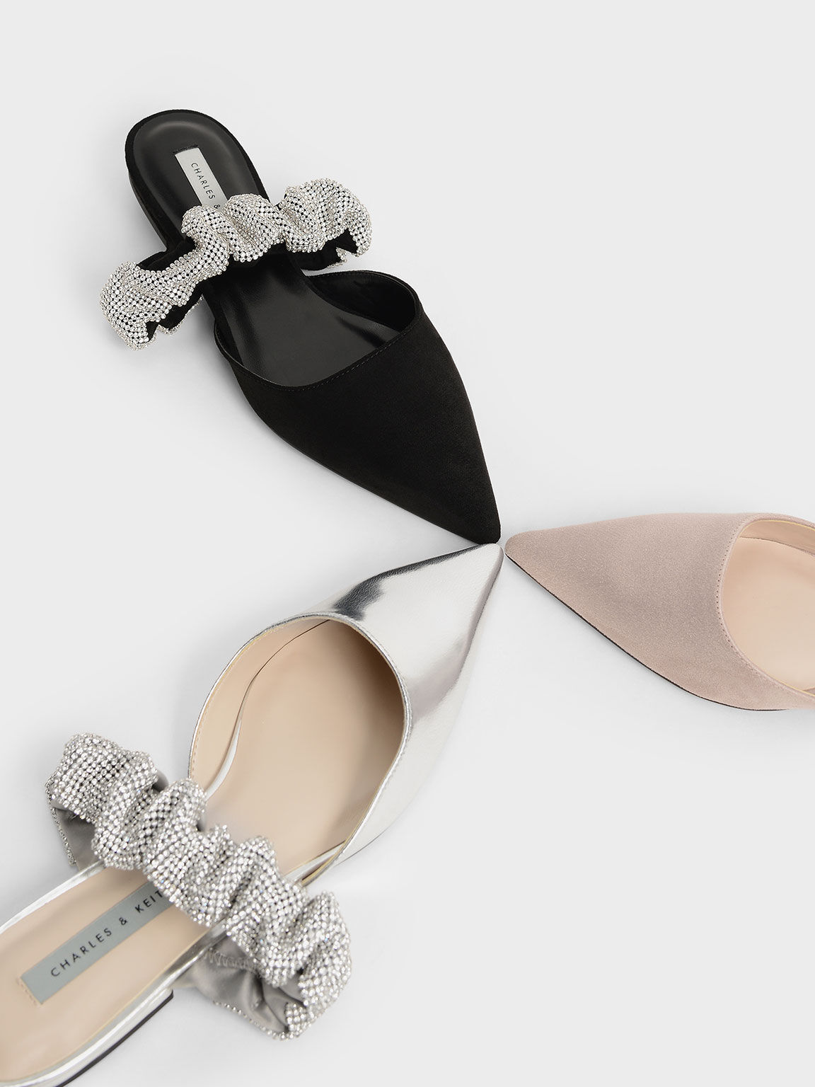 Gem-Encrusted Ruffle Strap Mules, Silver, hi-res