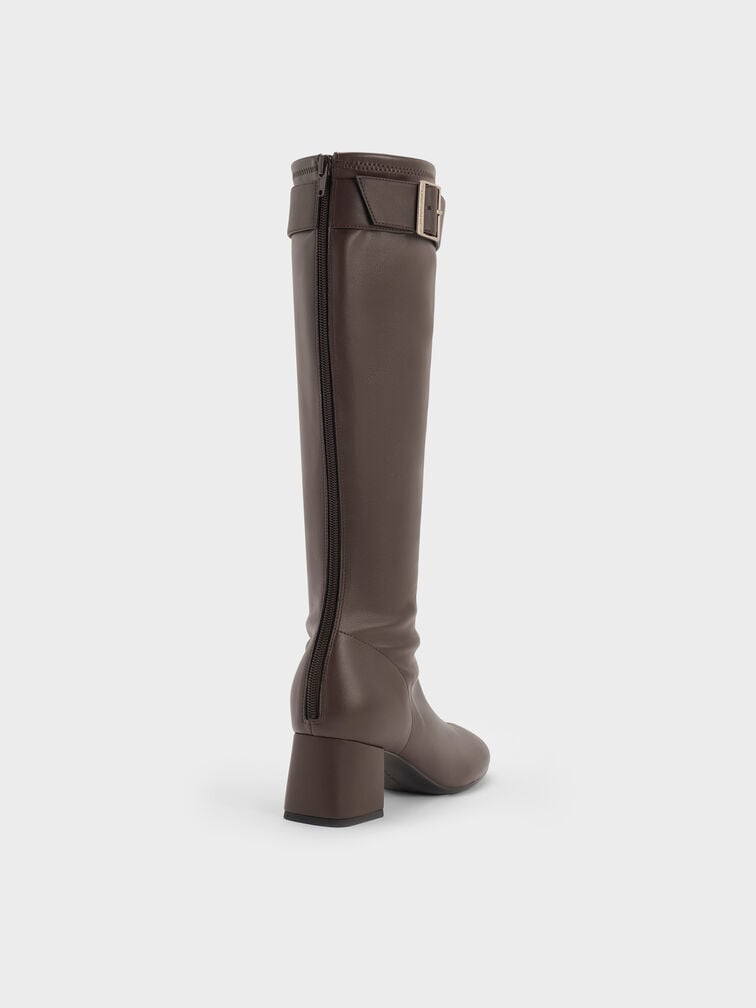 Gerry Buckled Block-Heel Knee-High Boots, Dark Brown, hi-res
