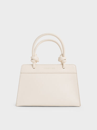 Bolso tote trapezoidal Sabine con asa anudada, Crema, hi-res