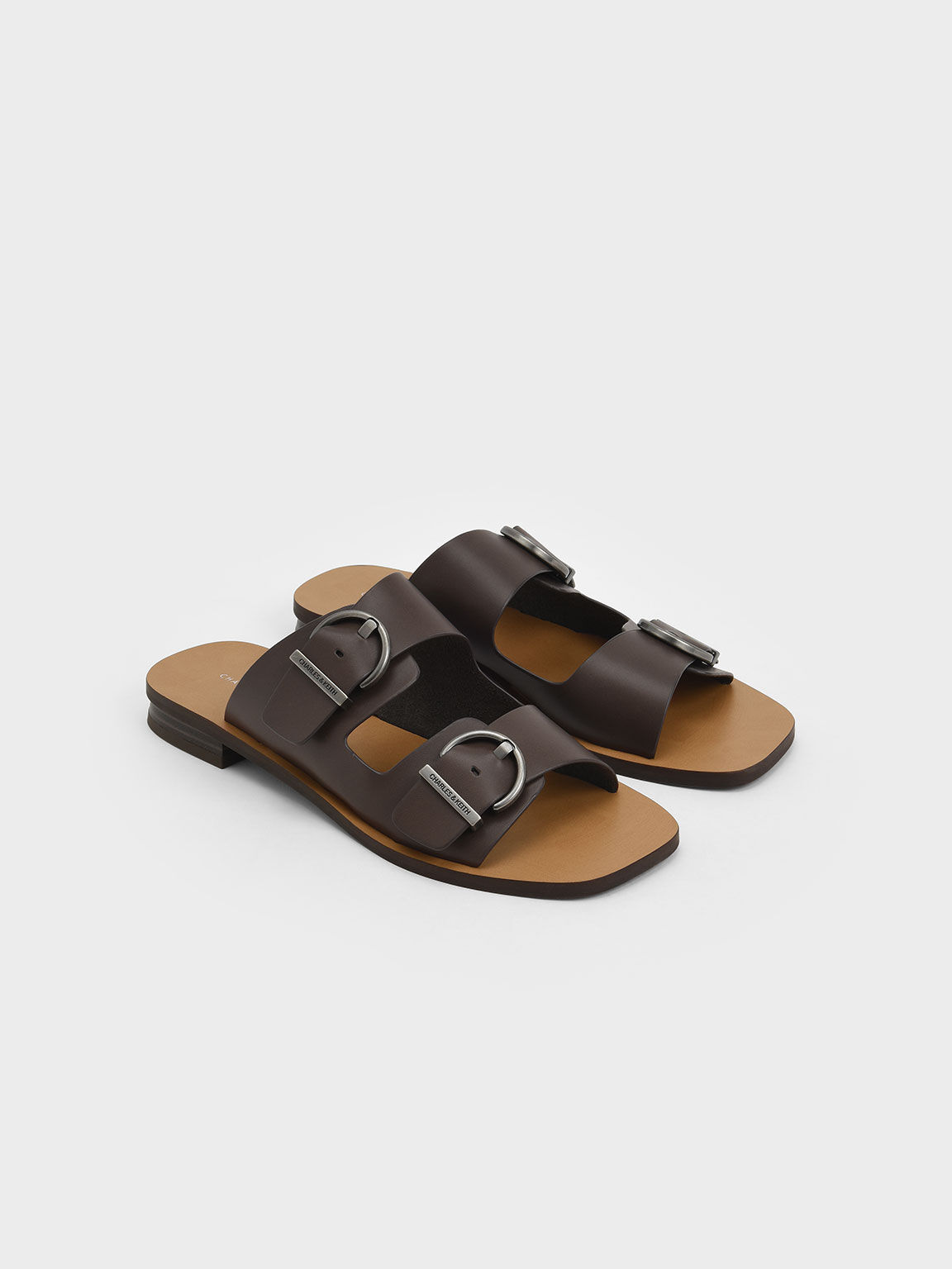 Double Buckle Strap Slide Sandals, Dark Brown, hi-res