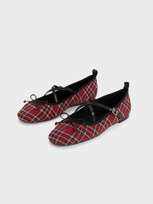 Tartan-Print Crossover-Strap Mary Jane Flats, Red, hi-res