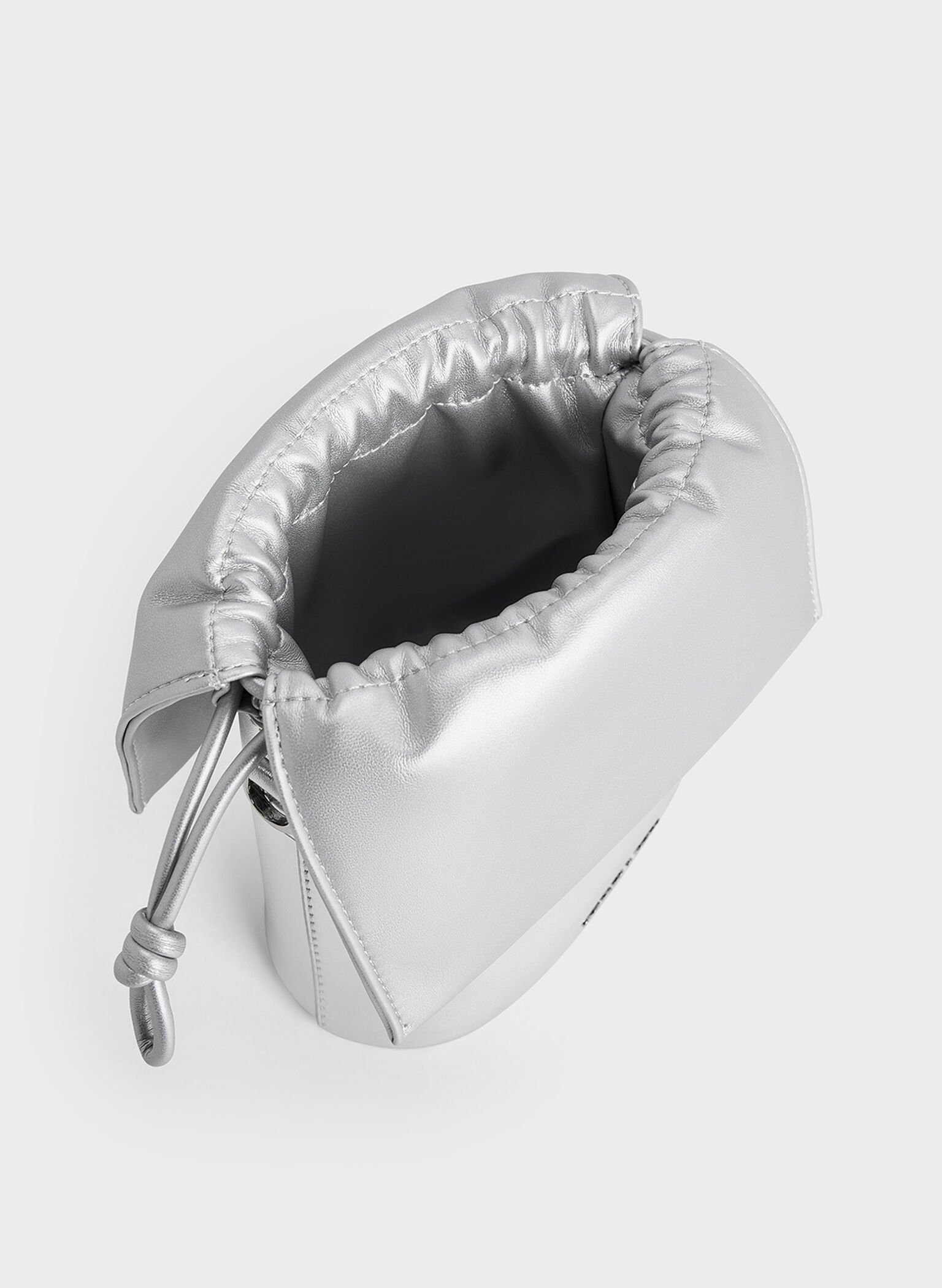 Metallic Ruched-Flap Drawstring Bucket Bag, Silver, hi-res