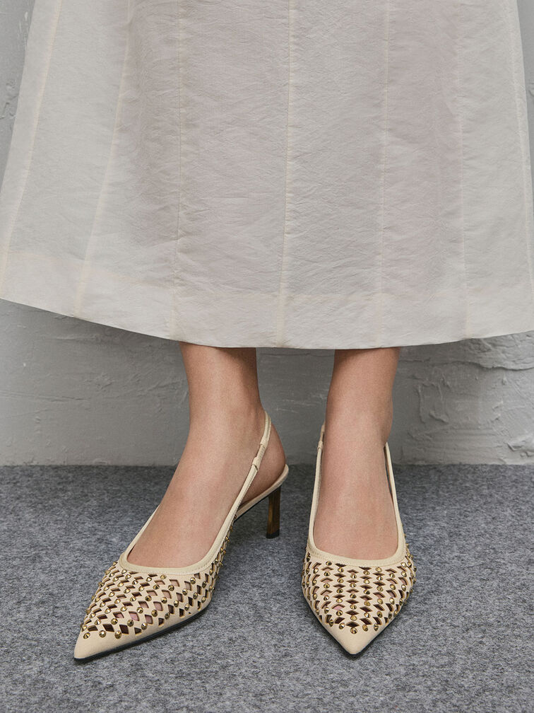 Studded Cut-Out Kitten-Heel Slingback Pumps, Cream, hi-res