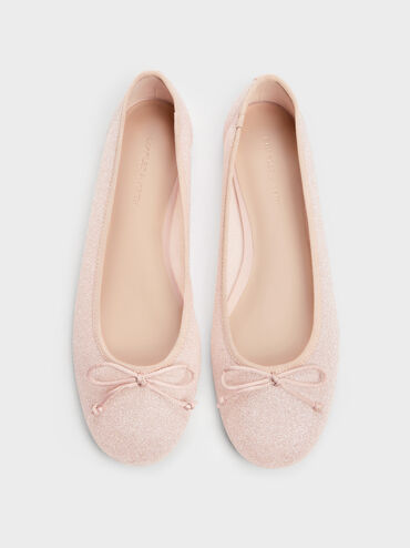Glittered Mesh Bow Ballet Flats, Pink, hi-res