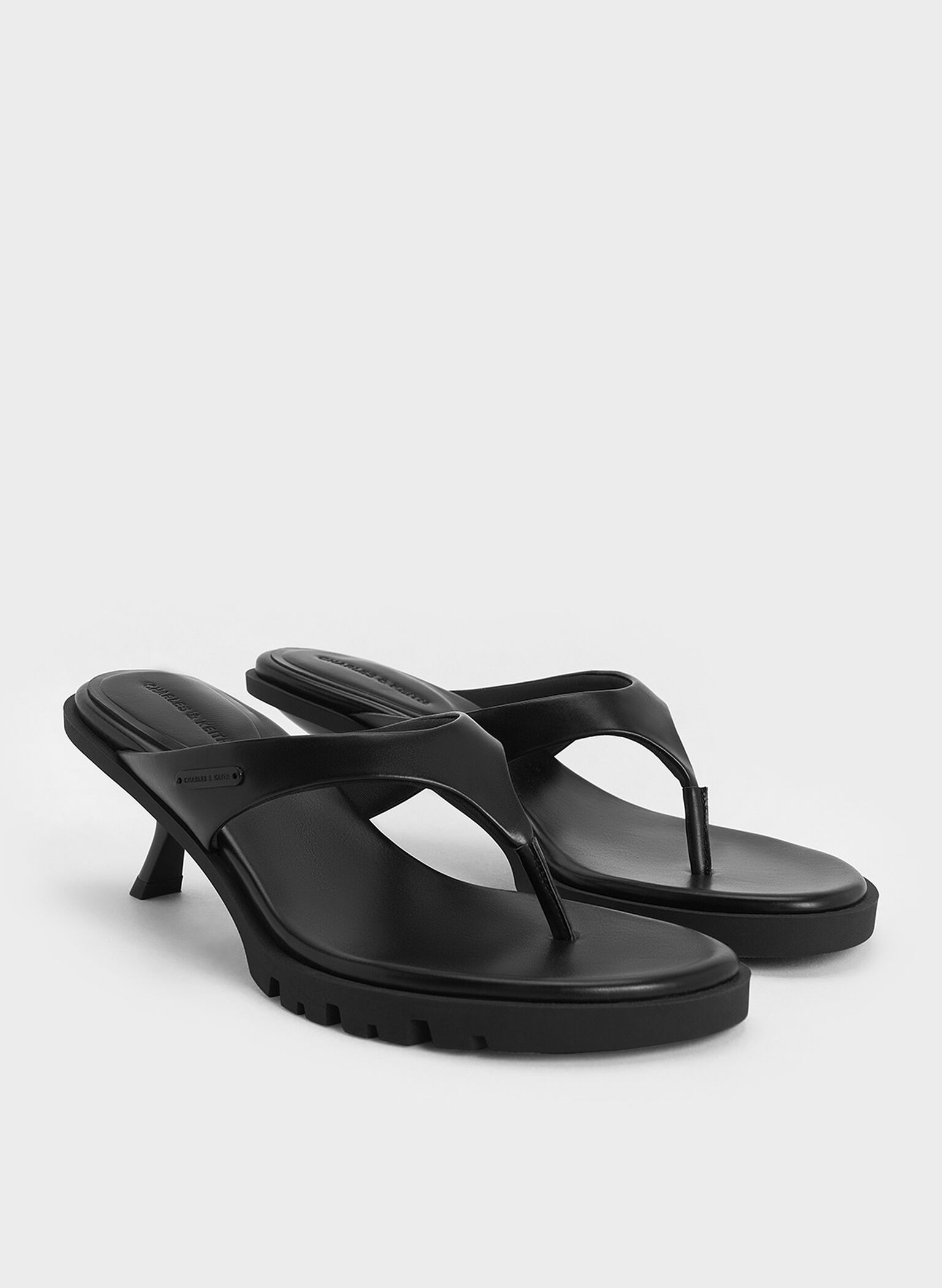 V-Strap Slant-Heel Thong Mules, Black, hi-res
